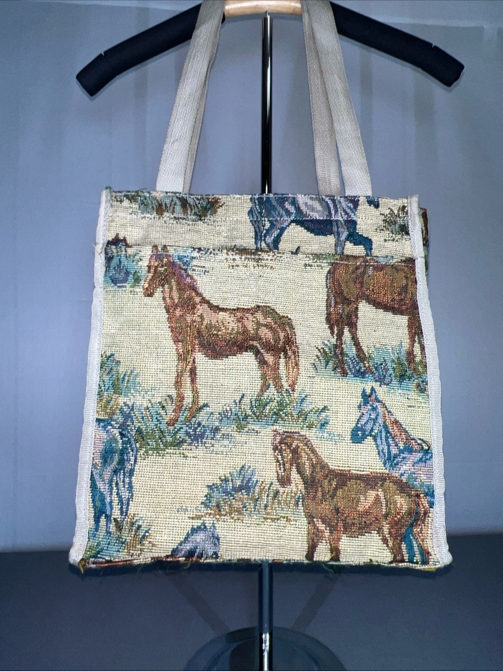 VTG Tapestry Horse Print Equestrian Theme Tote Bag - Beige & Brown